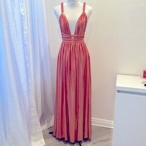 NWT Bronx and Banco Runway Goddess Metallic Deep V-Neck Gown Pink sz M